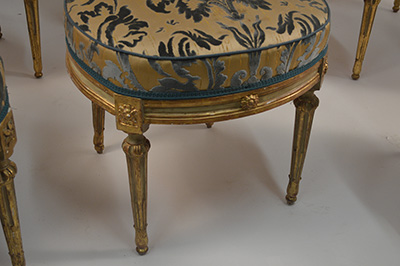 Set of eight, very fine Northern Italian, painted and parcel-gilded dining chairs