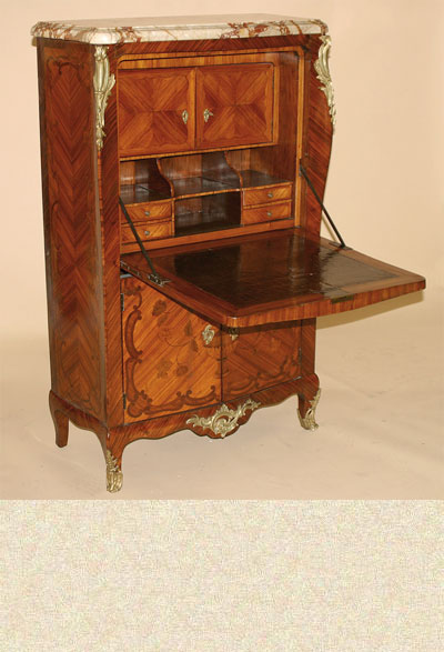 Fine, Louis XV, marquetry inlaid, gilt-bronze mounted, secretaire a abattant