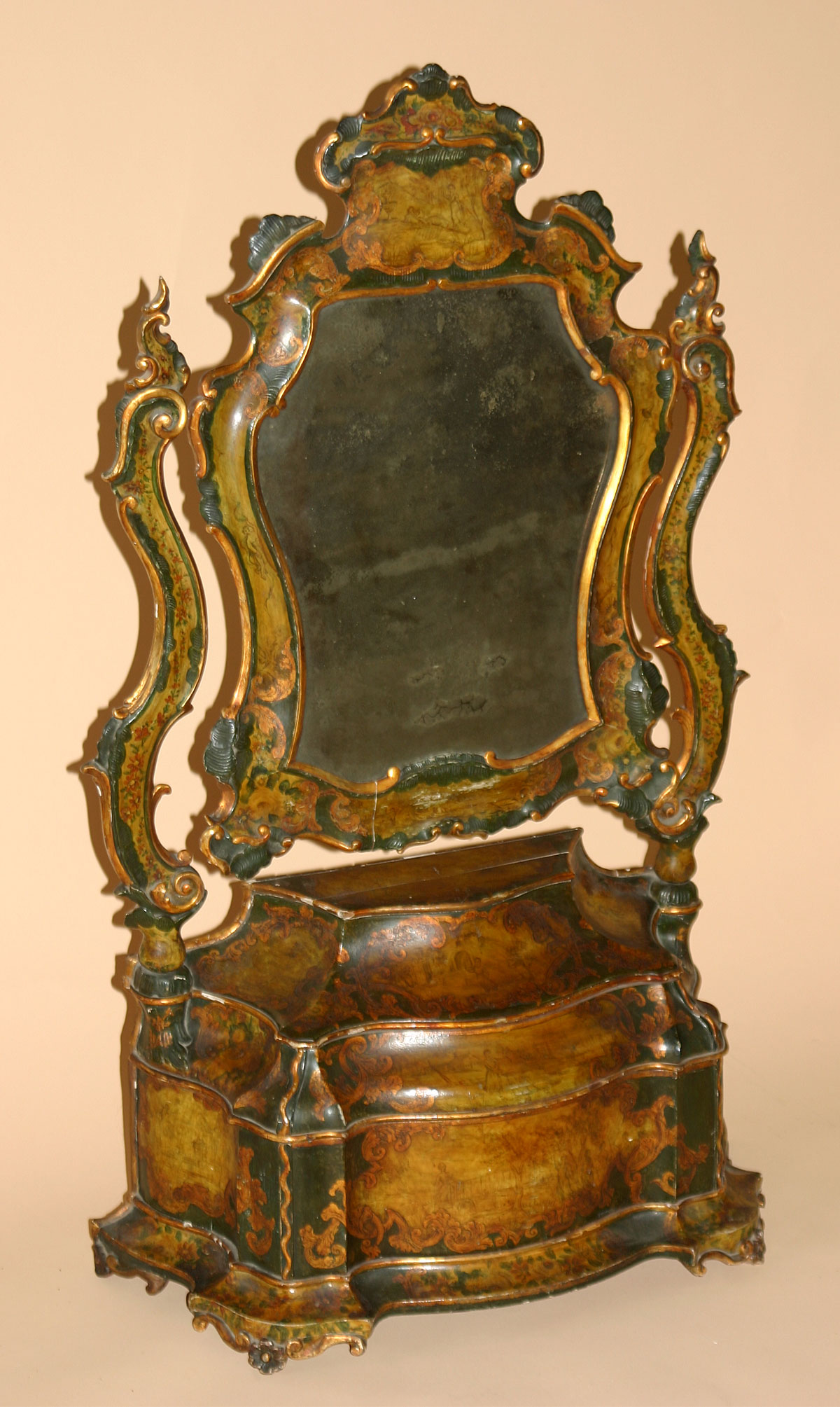 Rare and Fine Venetian polychrome painted and parcel-gilded mirror on stand