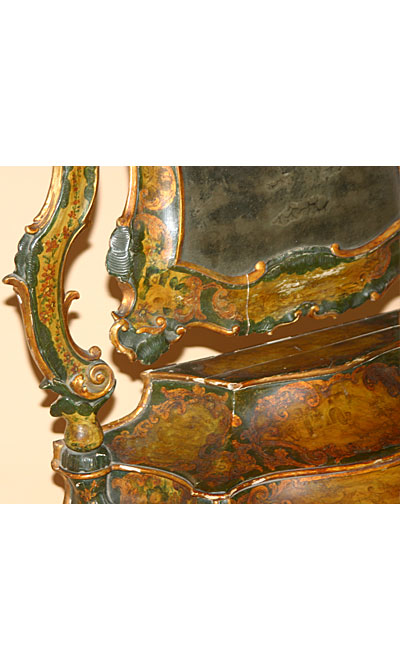 Rare and Fine Venetian polychrome painted and parcel-gilded mirror on stand