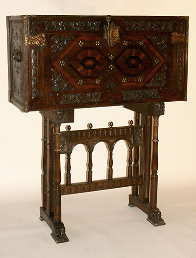 Spanish, iron-mounted, polychrome, parcel-gilt and bone-inlaid Vargue�o (travelling trunk on stand)