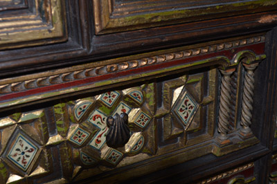 Spanish, iron-mounted, polychrome, parcel-gilt and bone-inlaid Vargue�o (travelling trunk on stand)
