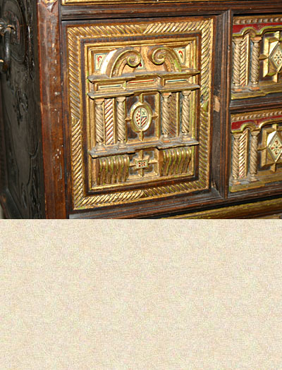 Spanish, iron-mounted, polychrome, parcel-gilt and bone-inlaid Vargue�o (travelling trunk on stand)