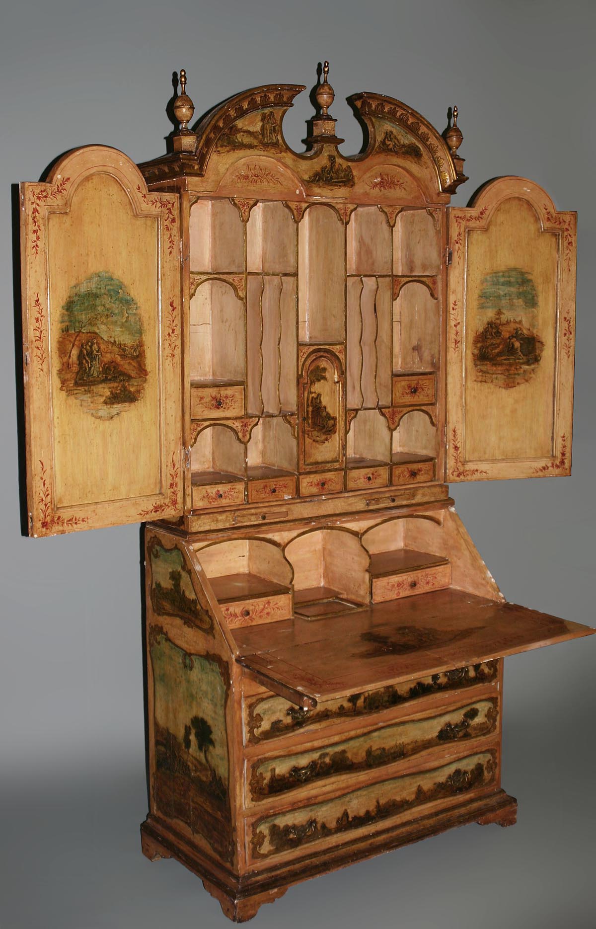 Fine, Italian, Rococo style, polychrome-painted and laca povera bureau bookcase
