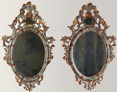 Pair of fine, Venetian, Rococo period, painted and parcel-gilded mirrors