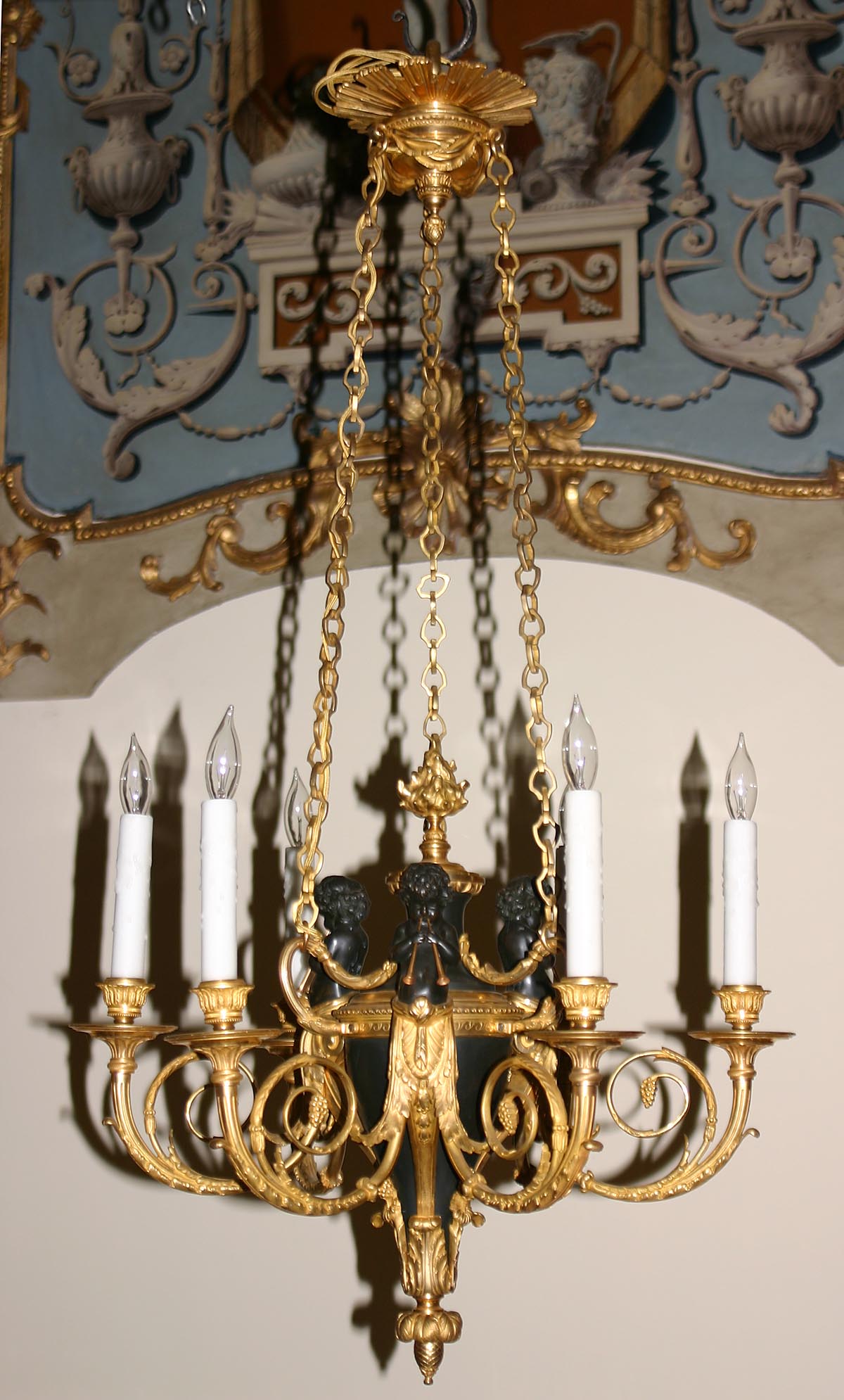 Very fine, French, Neo-classical style, bronze d'ore and patinated bronze, six-light chandelier