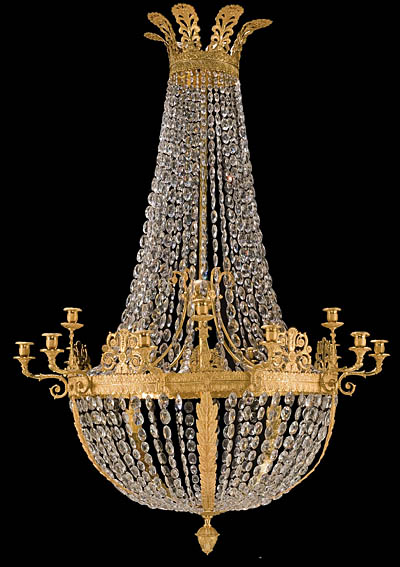 Fine French Empire style bronze d'ore and crystal chandelier