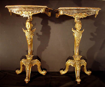 Pair of very fine, Venetian, Baroque period, carved giltwood and silvered wall consoles