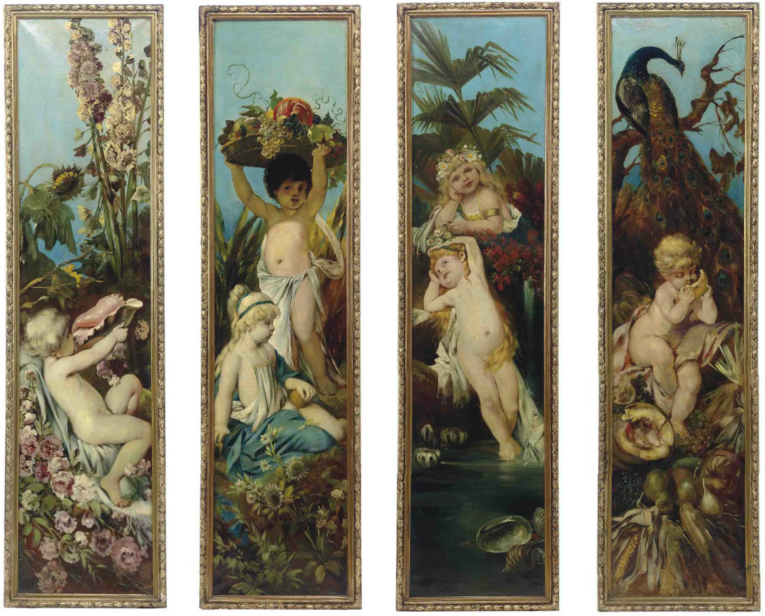Set of four fine, German, Belle Époque period painted panels