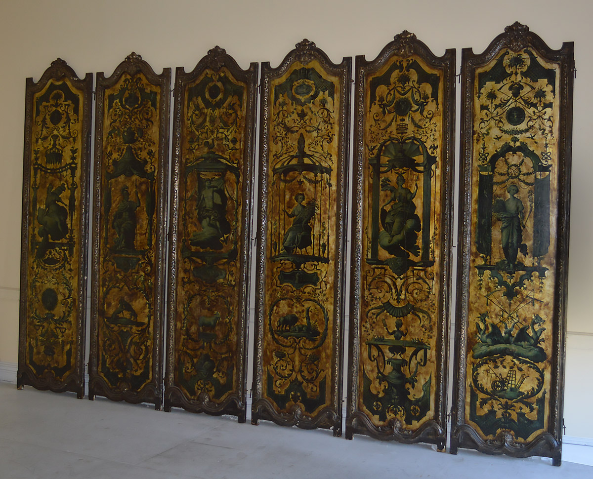 Italian, Regence Period, gilt and polychrome-painted six-panel screen