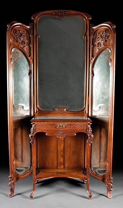 Very fine, French, Art Nouveau period, trifold mirror with vanity