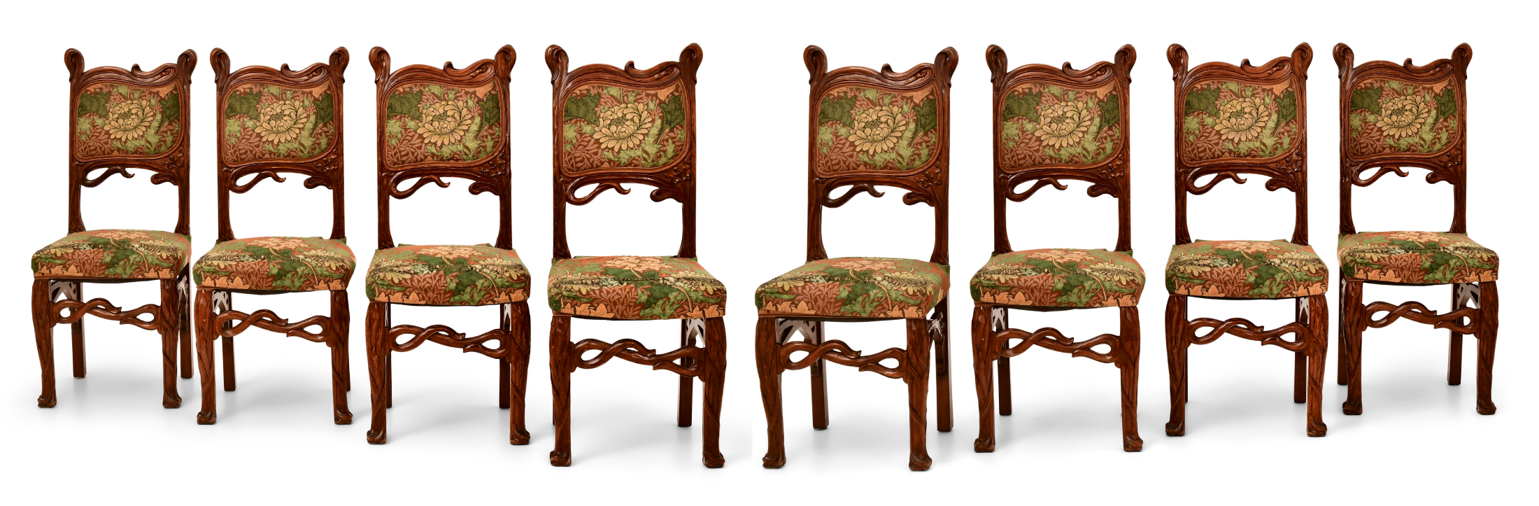 Matching set of eight, French, Art Nouveau Period dining chairs