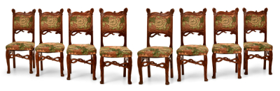 Matching set of eight, French, Art Nouveau Period dining chairs
